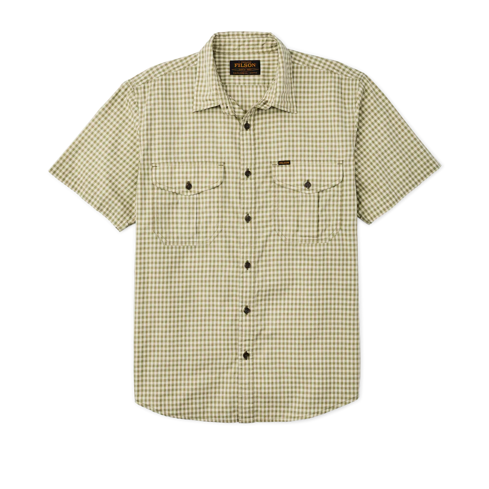 Men's Washed Short Sleeve Feather Cloth Shirt | Green/Ivory Gingham