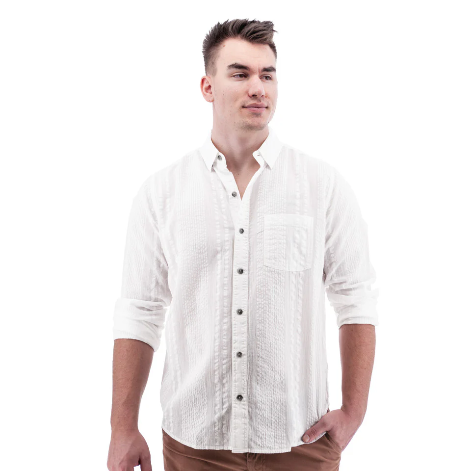 Men's Zayne Organic Seersucker Long Sleeve Shirt | White - Image 2