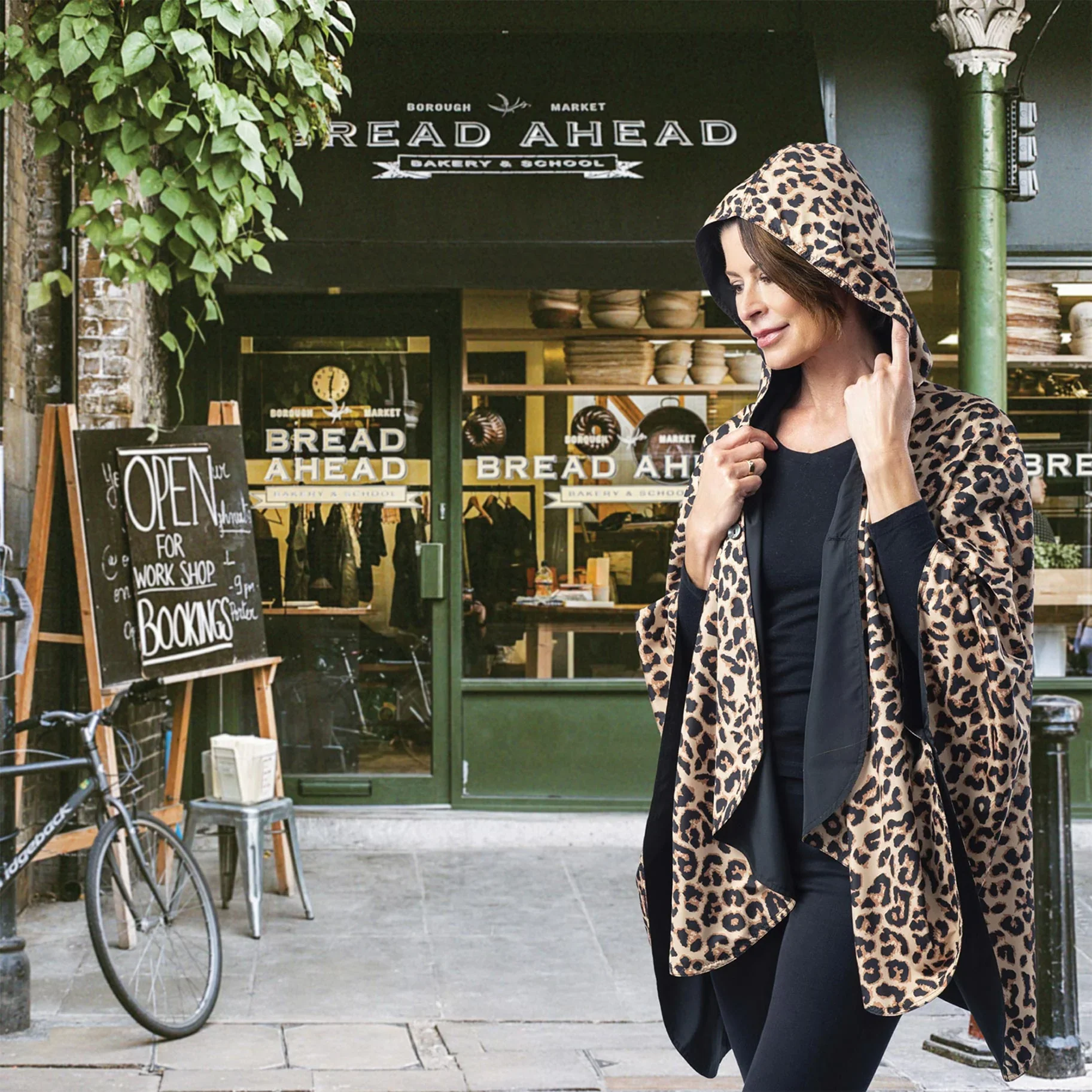 Reversible Rain Cape Poncho | Black With Leopard Print - Image 3