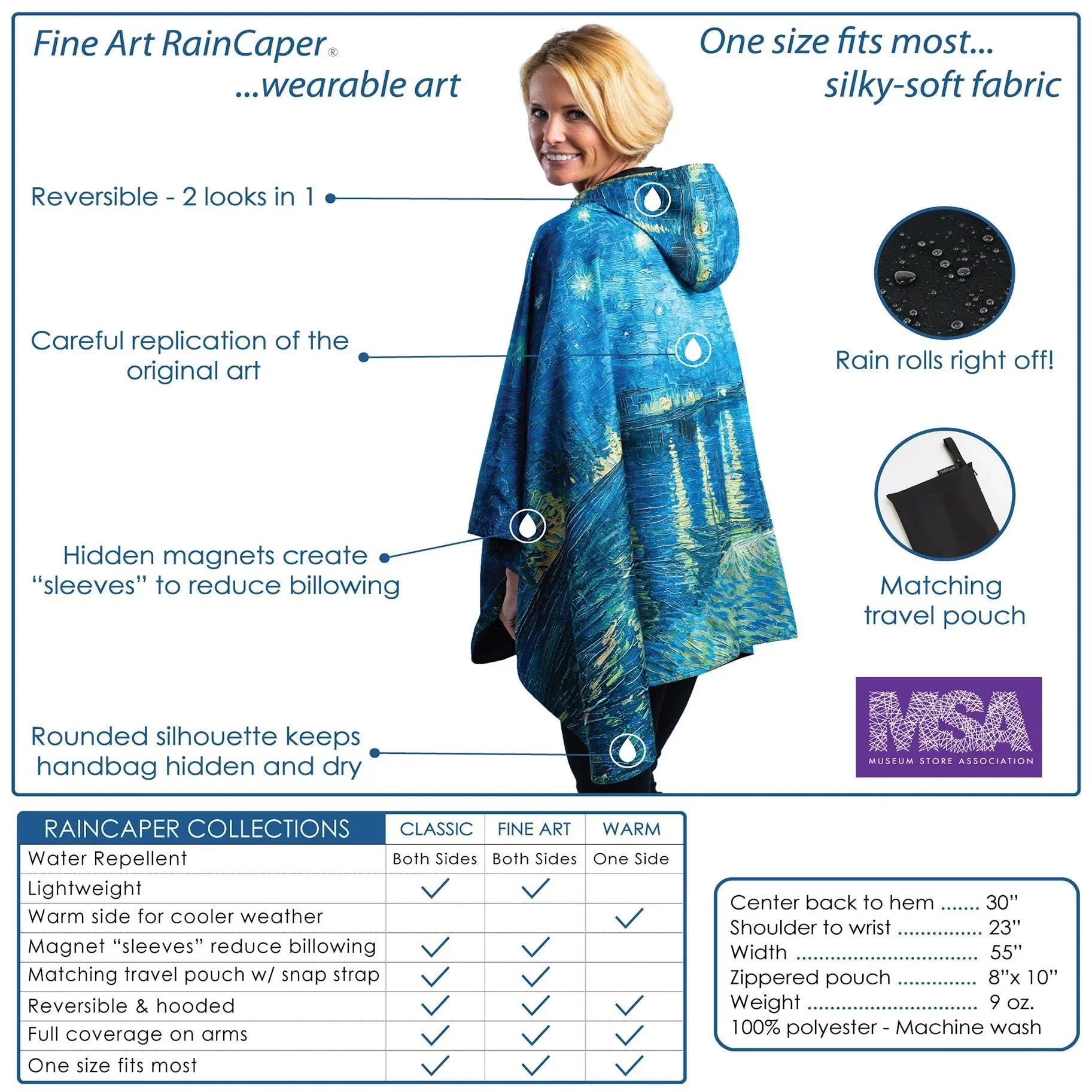 Reversible Rain Cape Poncho | Laurel Burch Cerulean Cat - Image 3