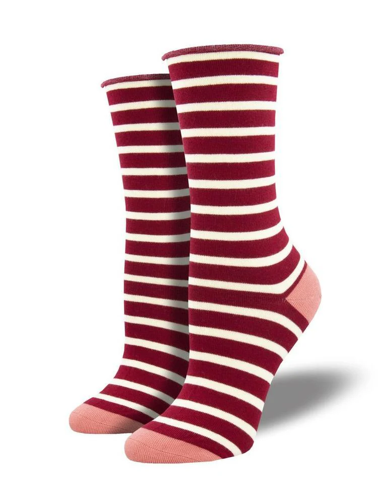 Women's Sailor Stripe Roll Top Bamboo Crew Socks | Red